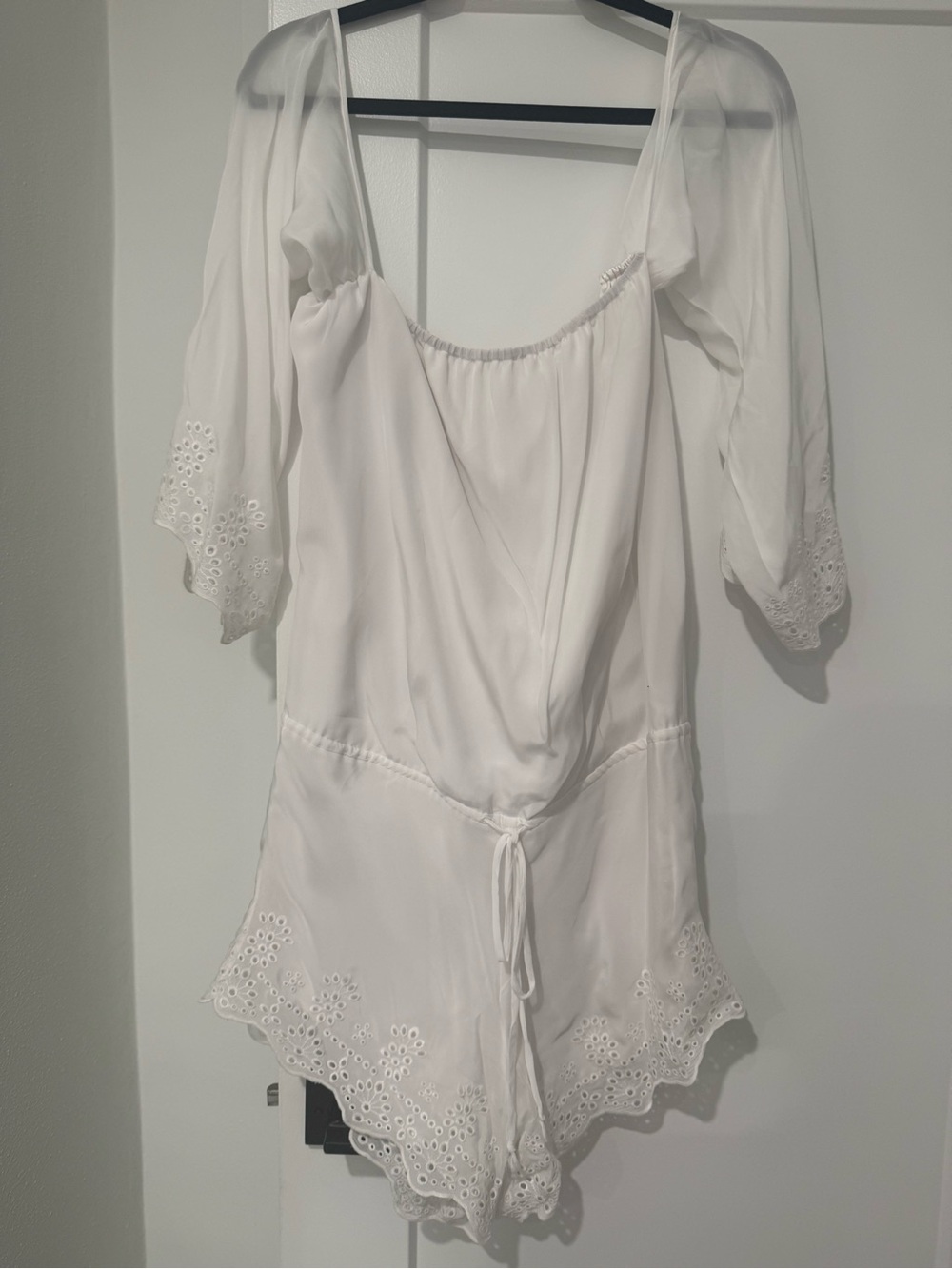 Women’s White Eyelet Trim Tie-Waist Romper